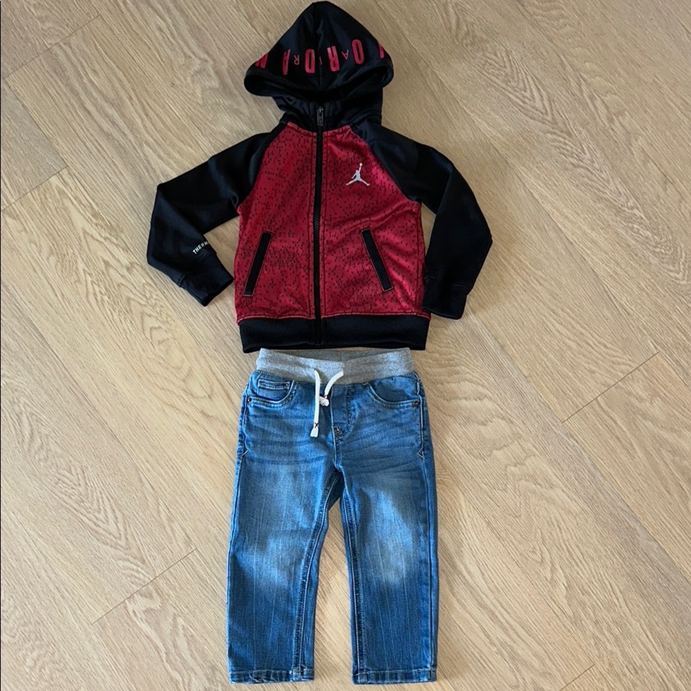 Jordan Red and Black Hoodie 2t with Cat & Jack Jeans 2t Set